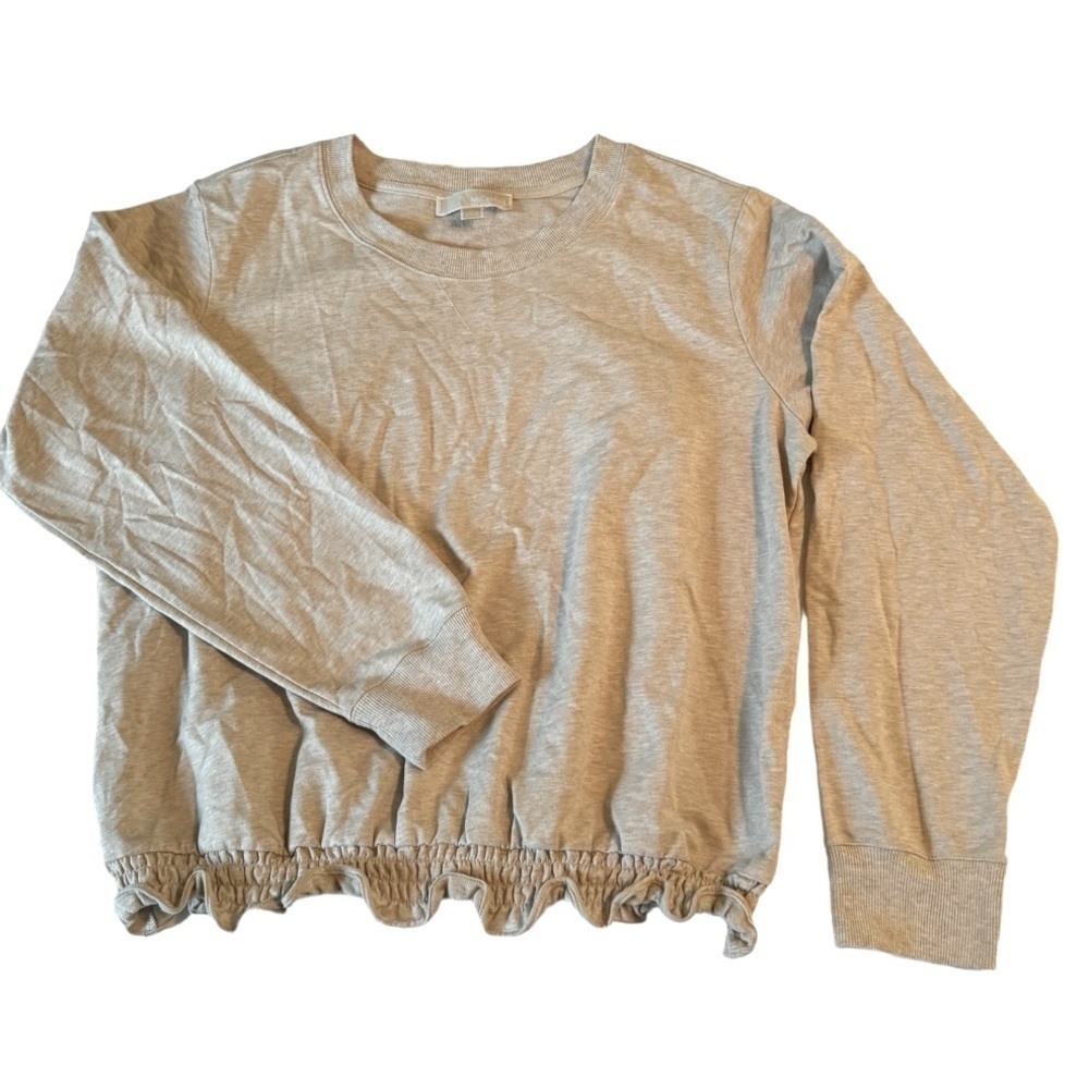 Michael Kors Thin Crewneck Sweatshirt with Ruffle Hem, Tan, Size XL